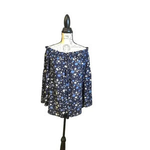 Michael Kors Navy Blue Floral Off Shoulder Long Sleeve Tasseled Tunic Blouse M